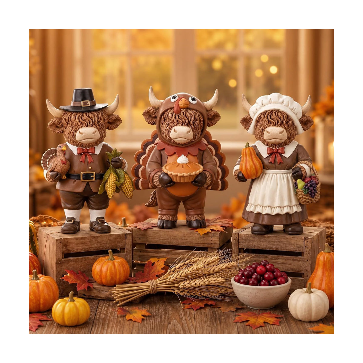 Simgoing 3 Pcs Fall Highland Cow Figurines Pilgrim and Turkey Cow Decor