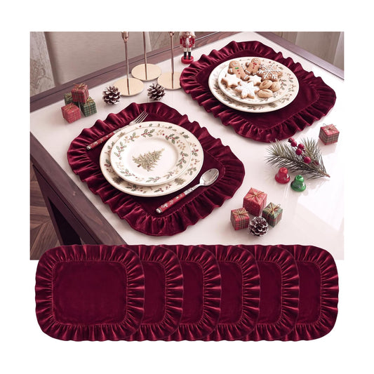 FoldTier 6Pcs Christmas Burgundy Velvet Placemat Ruffles Rectangle Placemat
