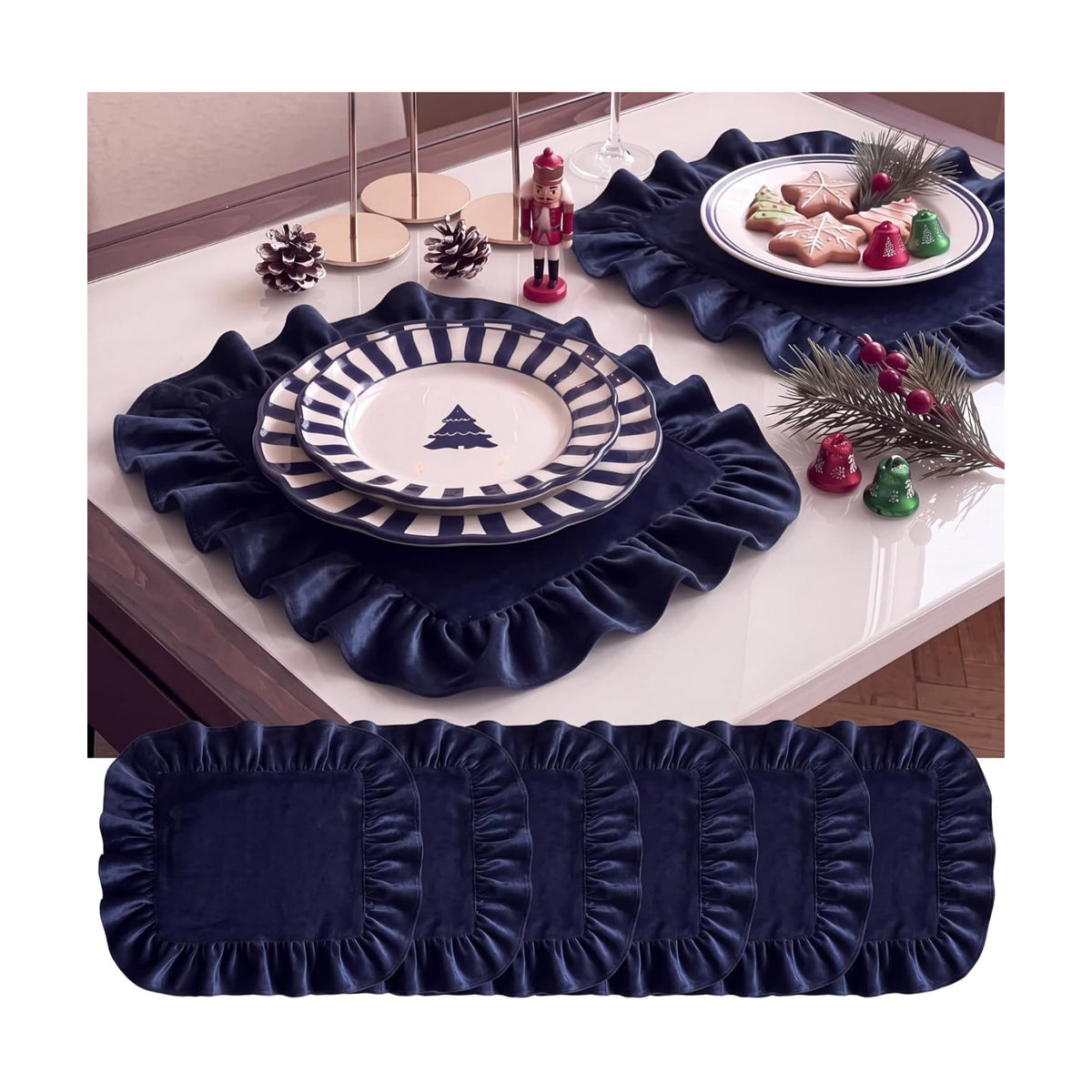 FoldTier 6 Pcs Christmas Navy Blue Velvet Rectangle Placemat with Ruffles