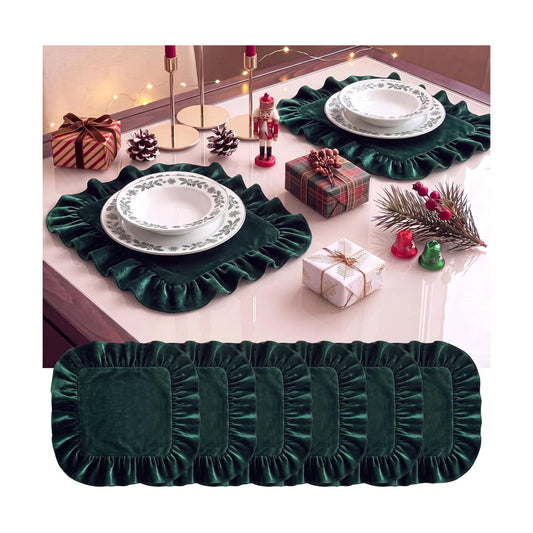 FoldTier 6 Pcs Christmas Emerald Green Velvet Placemat Ruffles Placemat