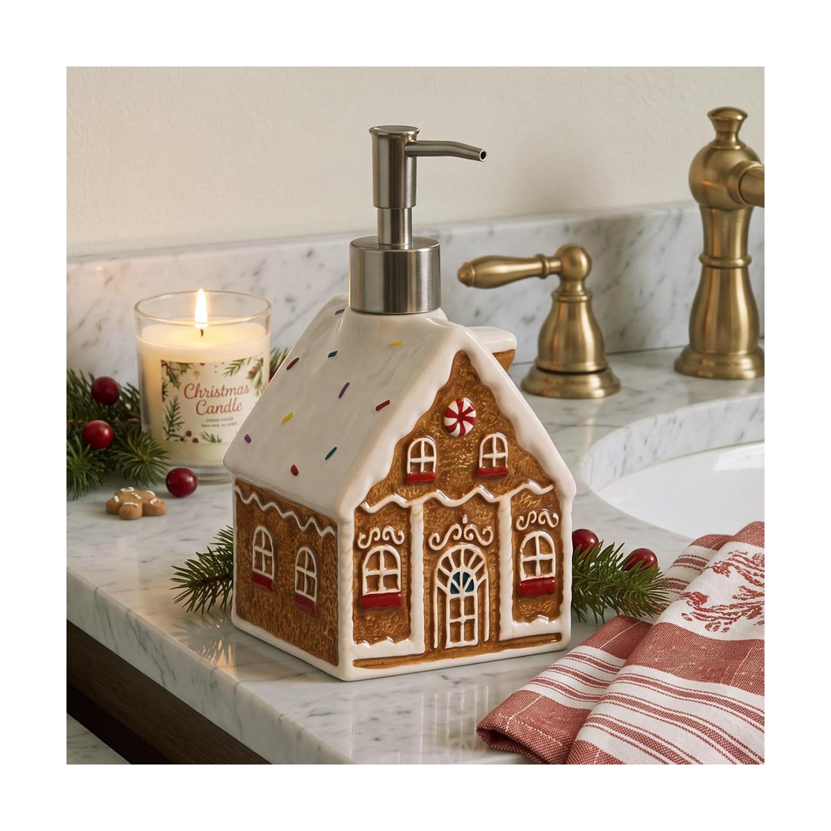 Potchen Christmas Cube Gingerbread House Soap Ceramic Pump Bathroom Decor