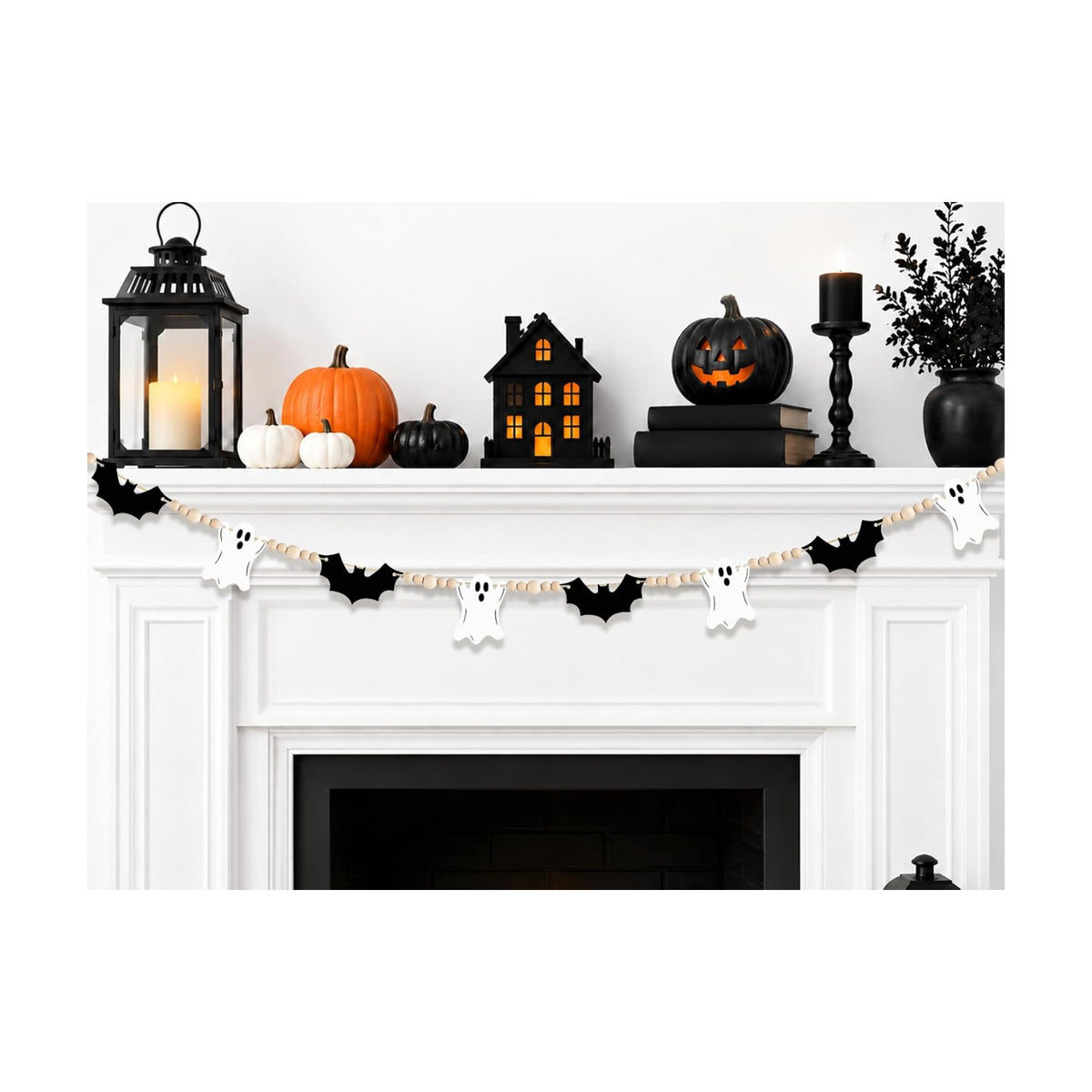 Halloween Decor Pre-Assembled Wooden Ghosts Bats Beads Garland 5.7FT