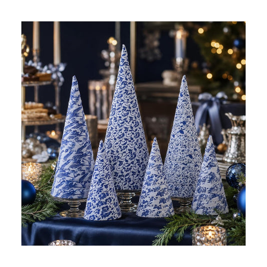 6 PCS 12" 10" 6" Chinoiserie Christmas Cone Tree Decorations Blue and White Christmas Tree Table Centerpiece Farmhouse Tiered Tray Foam Ornaments Xmas Tree for Home Holiday Mantle Party Tabletop Decor