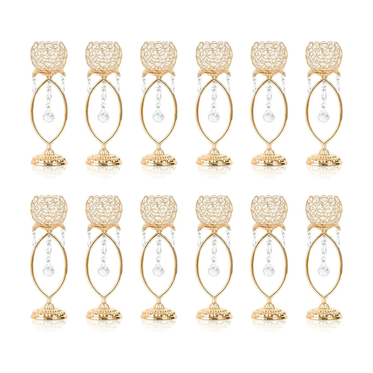 12 Pcs Elegant Metal Crystal Tea Light Candle Holders | with Crystal Pendants, Hollow Design - Wedding Table