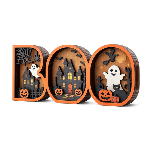 Vintage Halloween Decor 2026, 3D Wooden Cute BOO Sign, Rustic Halloween Tabletop Decor, Spooky Shelf Mantel Decoration for Home (BOO Decor)