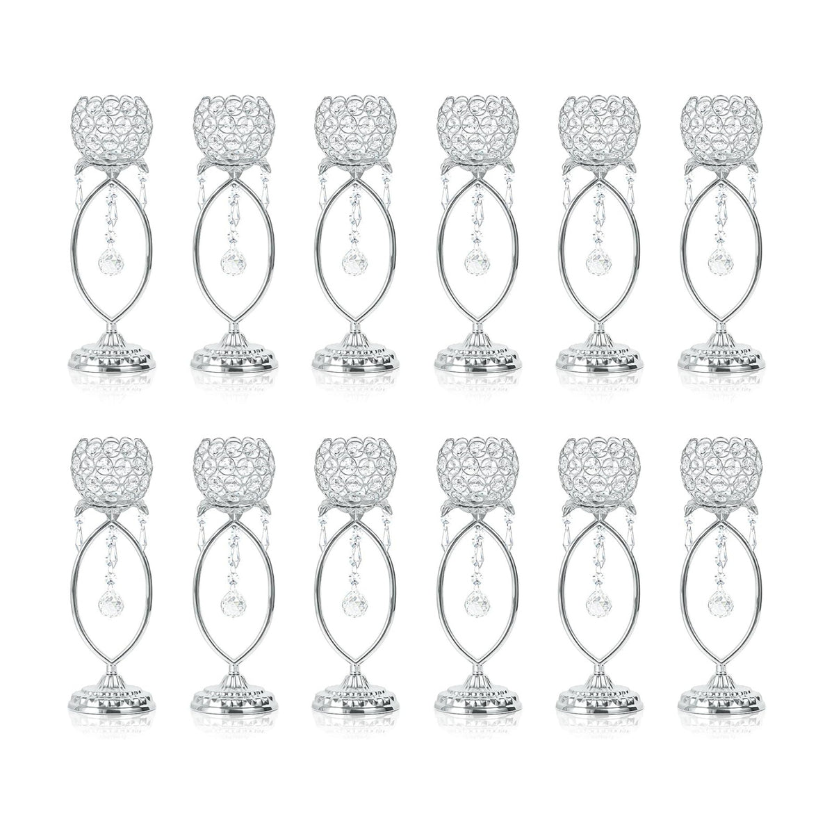 12 Pcs Silver Elegant Metal Crystal Tea Light Candle Holders | with Crystal Pendants, Hollow Design - Wedding Table