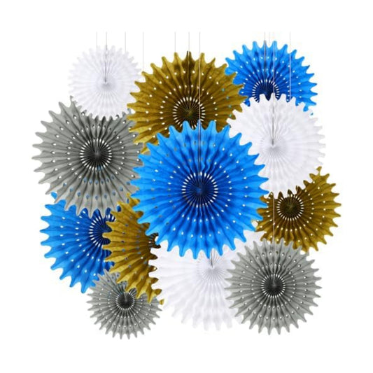 BestoFun 12PCS Blue Gold Silver Hanging Honeycomb Paper Fans Decoration Set for New Year Graduation Birthday Wedding Bachelorette Baby Shower Backdrops Anniversary Paper Party Supplies