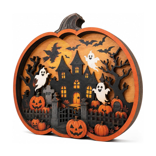 Vintage Halloween Decor 2026, 3D Wooden Pumpkin Decor, Spooky Halloween Tabletop Decoration, Rustic Shelf Mantel Ornament for Home (Pumpkin Sign)