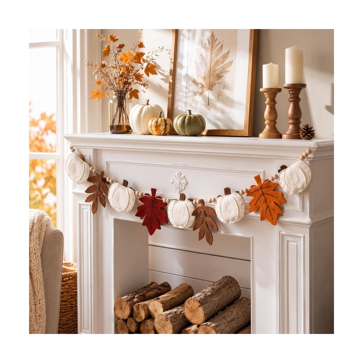 Frienda 8.2 ft Fall Pumpkin Garland with Maple Leaves Wood Beads Felt Decor