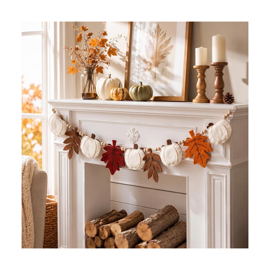 Frienda 8.2 ft Fall Pumpkin Garland with Maple Leaves Wood Beads Felt Decor