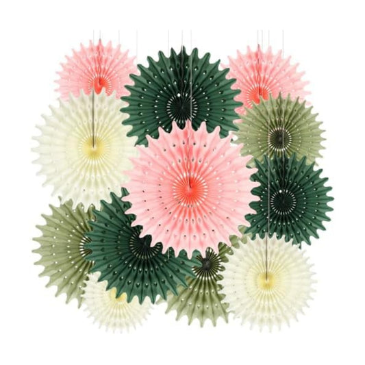 BestoFun 12PCS Pink Sage Green Hanging Paper Fans Decoration – Thin Tissue Paper Honeycomb Fan Ornaments, Hanging Fans for Wedding, Birthday, Baby Shower, Home & Party Décor