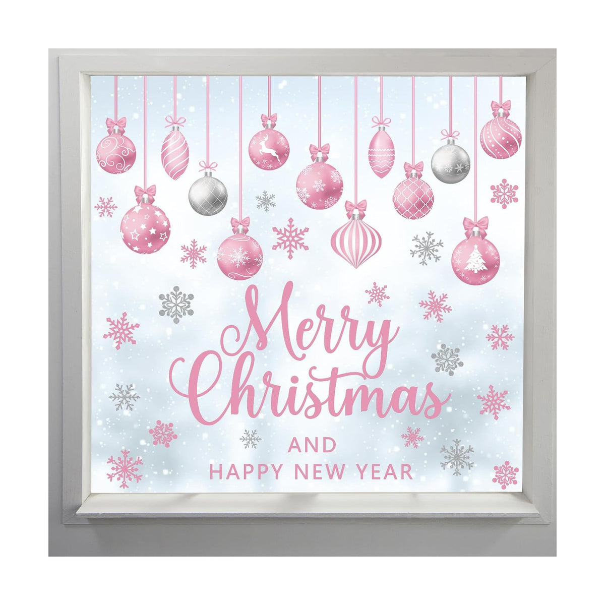 Pink Merry Christmas Window Clings Decorations Xmas Ball Cling Set 6 Sheets