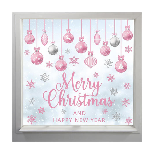 Pink Merry Christmas Window Clings Decorations Xmas Ball Cling Set 6 Sheets