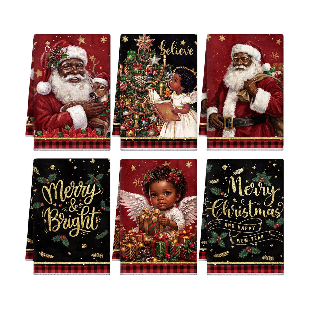 Redbaker 6 Pcs Christmas Kitchen Towels, Black Santa Claus Funny Dish Towel, Xmas Angel Absorbent Fast Drying Tea Dishcloth with Hanging Loop for Kitchen Bathroom Home Housewarming Gift