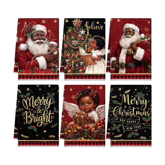 Redbaker 6 Pcs Christmas Kitchen Towels, Black Santa Claus Funny Dish Towel, Xmas Angel Absorbent Fast Drying Tea Dishcloth with Hanging Loop for Kitchen Bathroom Home Housewarming Gift