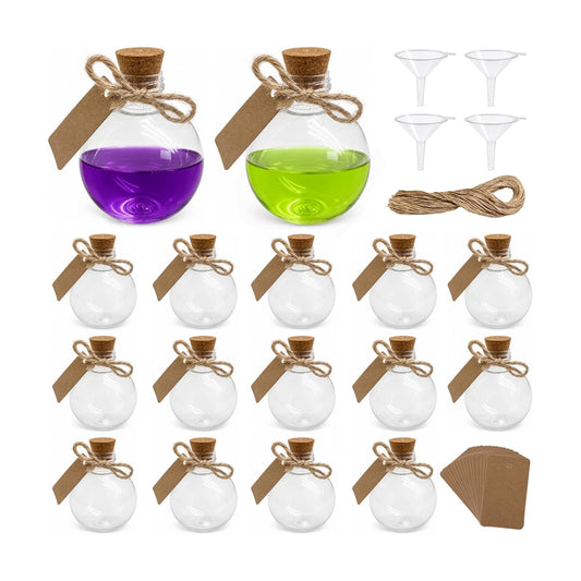 16 Pack Spherical Plastic Potion Bottles with Corks Tags & Funnels