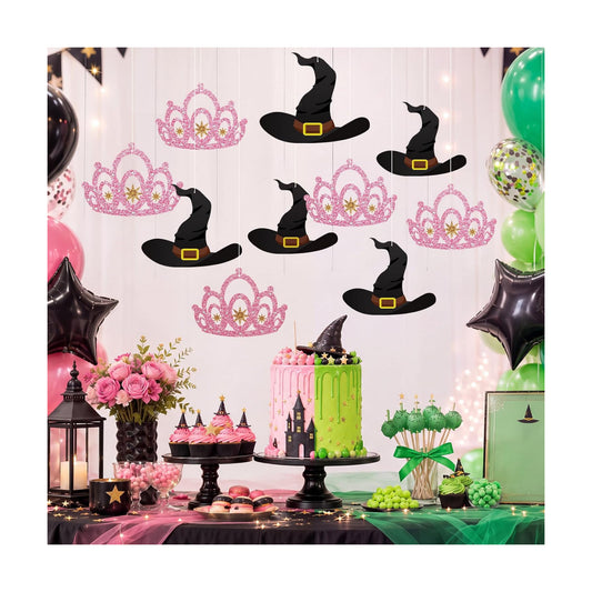Preboun 15 Pcs Witch Party Decorations Witch Hat and Crown Hanging Banner