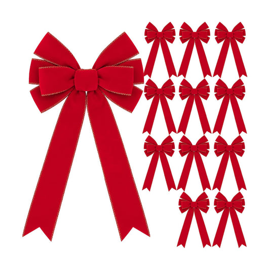 12 Pcs Golden Edged Red Velvet Tree Topper Bows, Large Christmas Wreath Bow