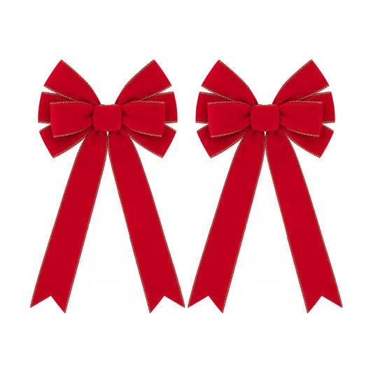 2 Pcs Golden Edged Red Velvet Tree Topper Bows, Large Christmas Wreath Bows