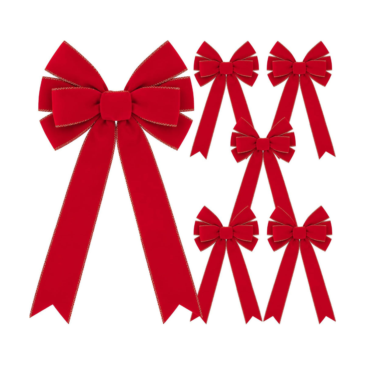 6 Pcs Golden Edged Red Velvet Tree Topper Bows, Large Christmas Wreath Bows