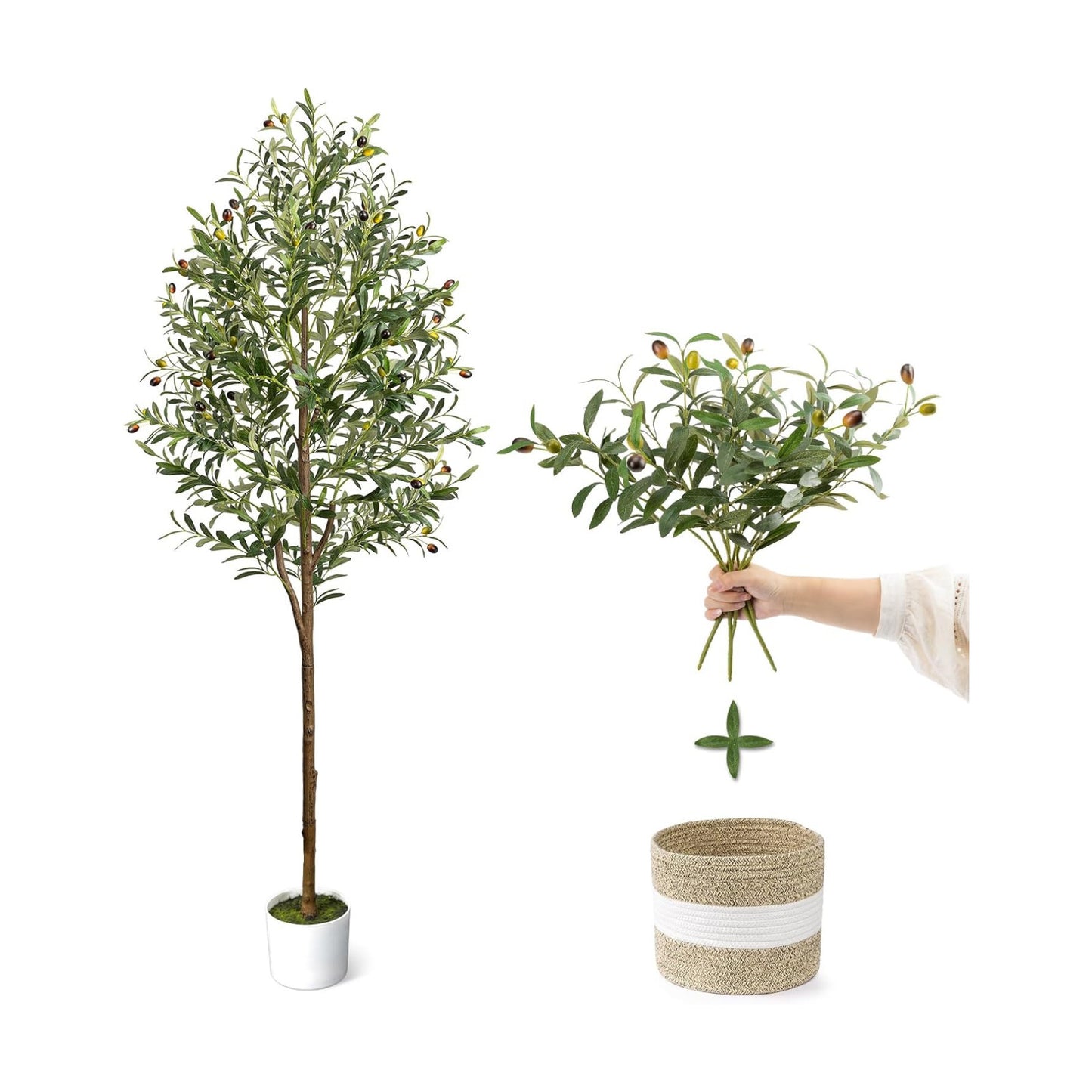 6FT Artificial Olive Tree with Basket&3PCS 18Inch Olive Branches