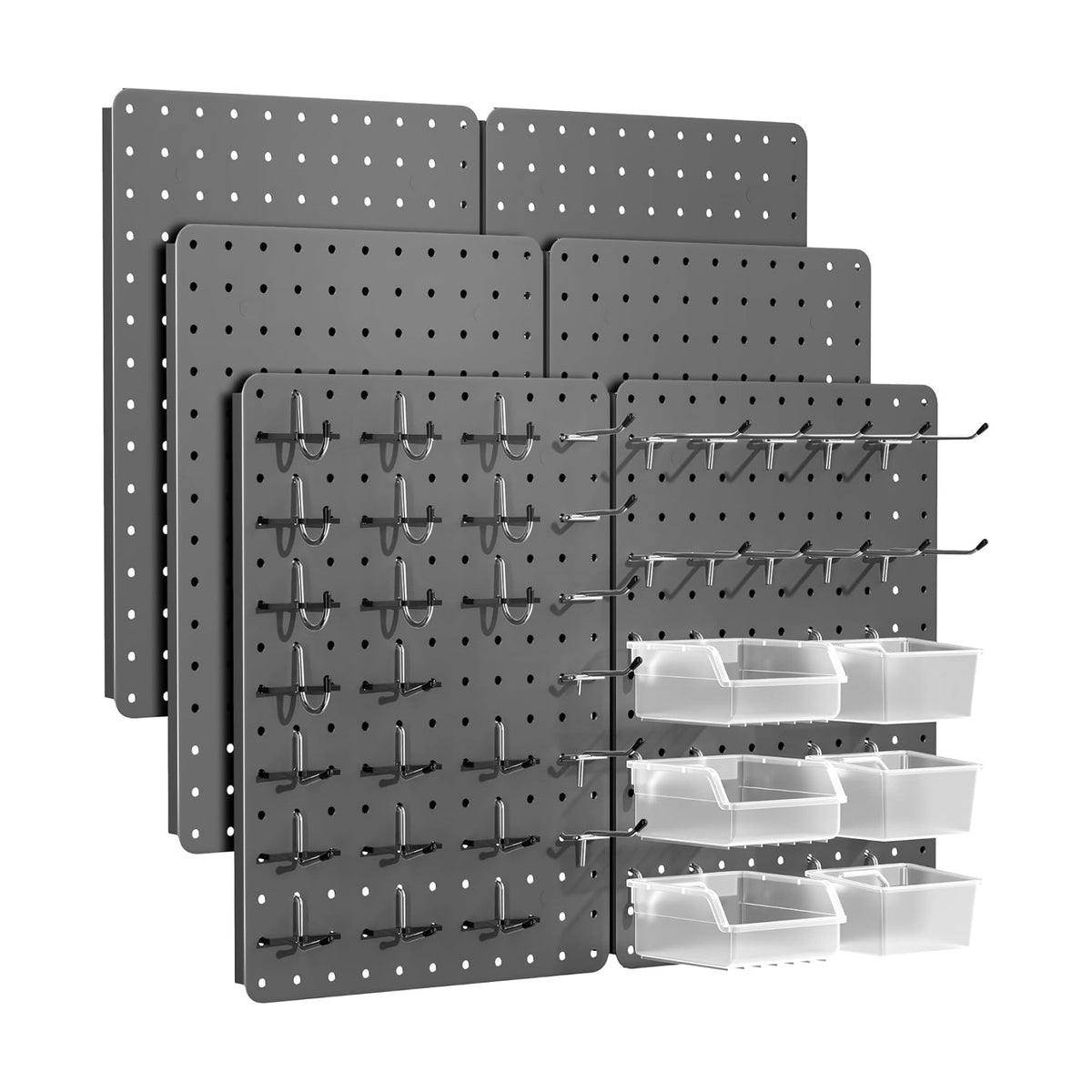 Pegboard Organizer Kit, 6 Pack 12 x 16 in Steel Metal with 6 Bins, Gray | 6 clear storage bins organize screws and