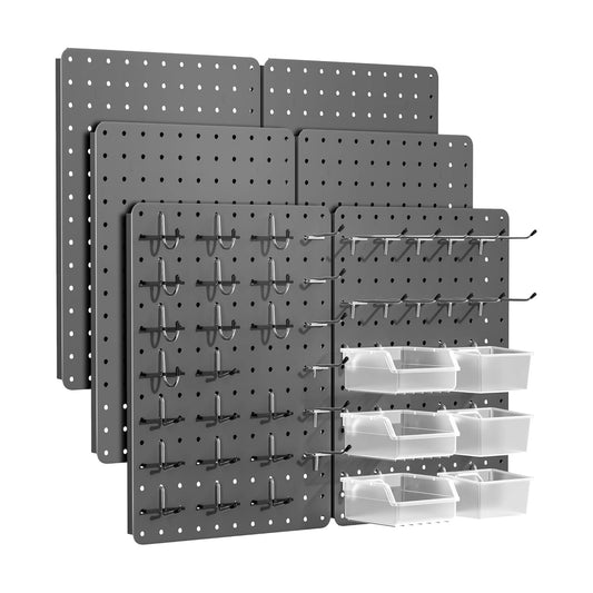 Pegboard Organizer Kit, 6 Pack 12 x 16 in Steel Metal with 6 Bins, Gray | 6 clear storage bins organize screws and