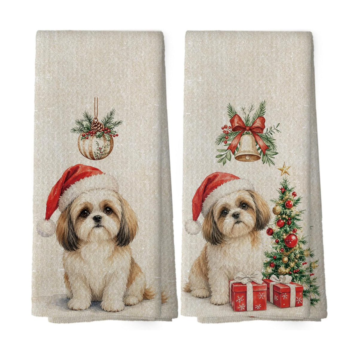 Shih Tzu Christmas Tree Kitchen Dish Towels 16x24, Set of 2