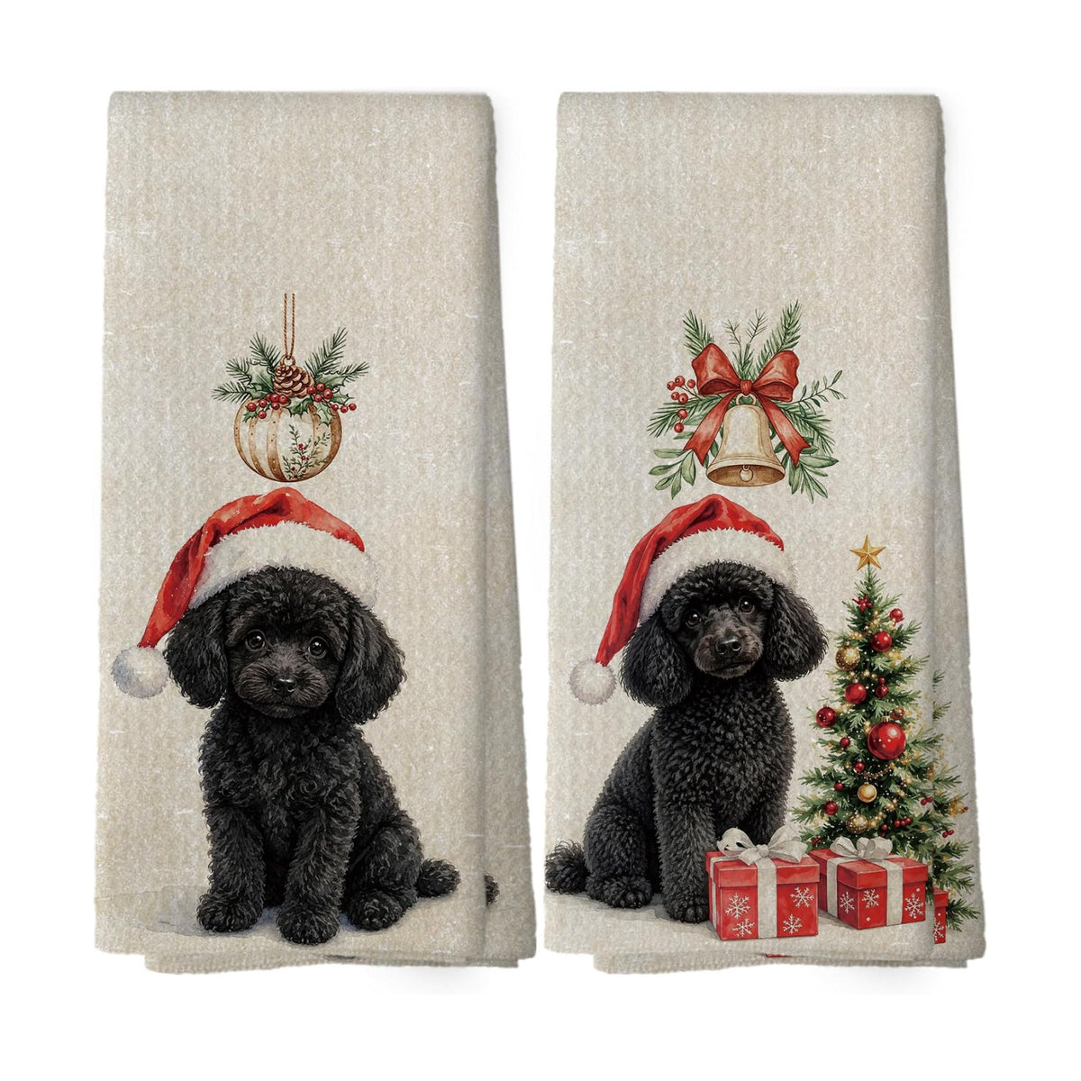 Black Poodle Christmas Tree Kitchen Dish Towels 16x24, Set of 2