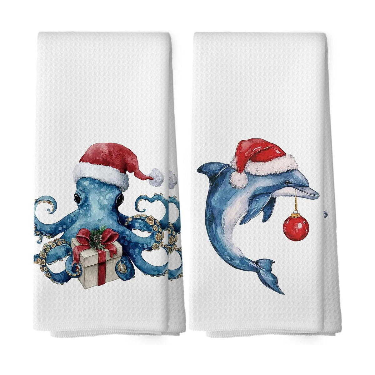 Coastal Christmas Dolphin Octopus Kitchen Dish Towels 16x24, Set of 2