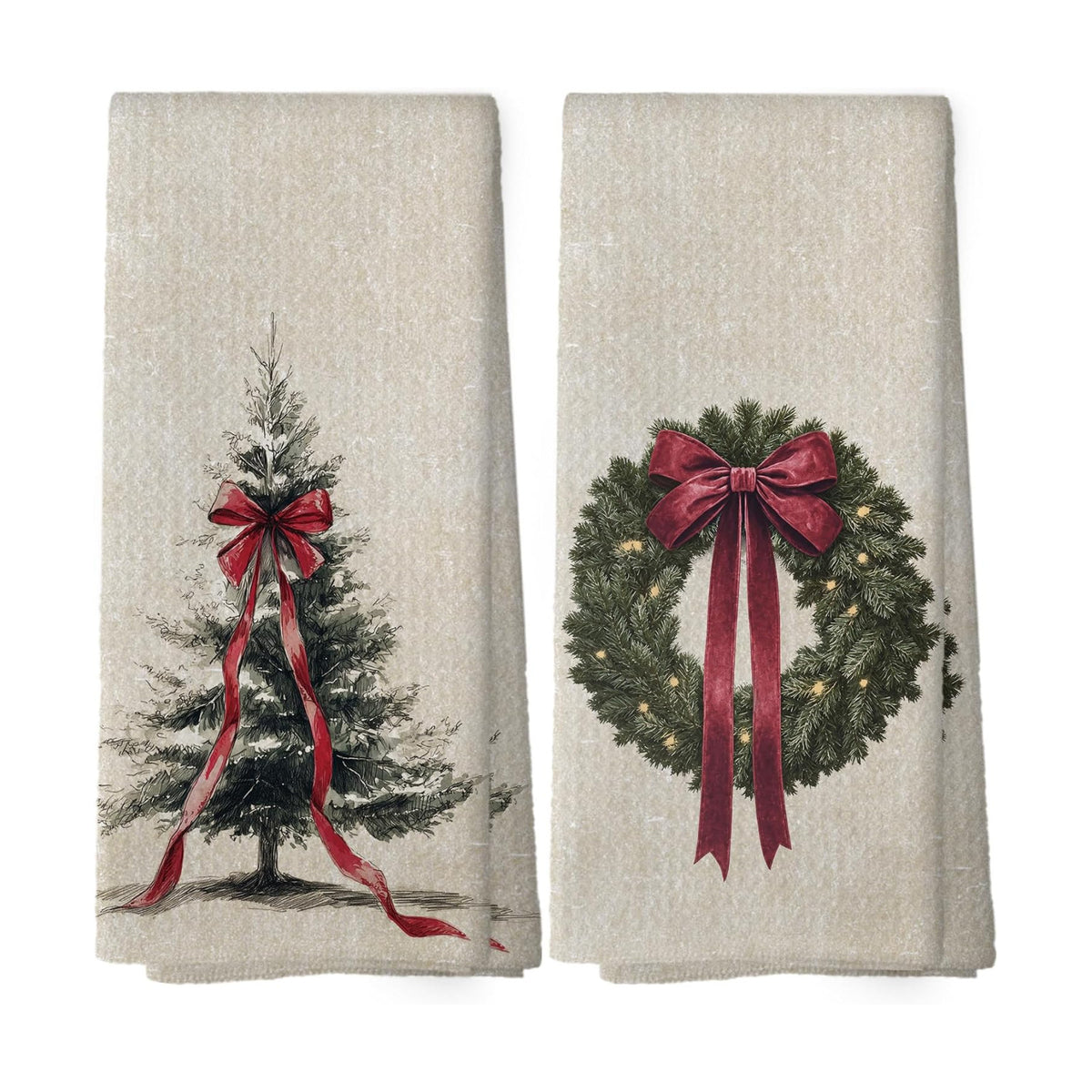 Red Bow Christmas Wreath Tree Kitchen Dish Towels 16x24, Set of 2