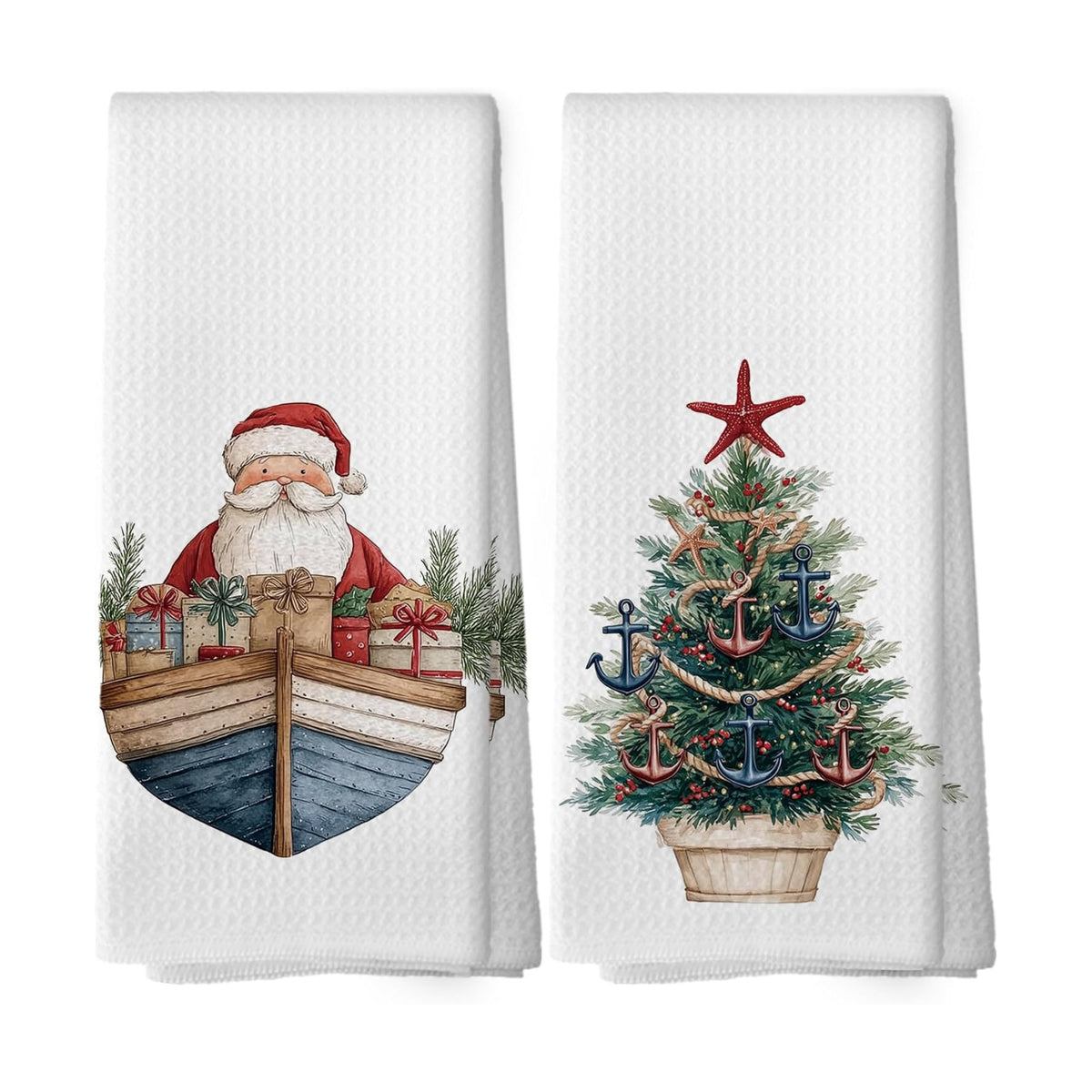 Nautical Christmas Tree Santa Kitchen Dish Towels 16x24, Set of 2