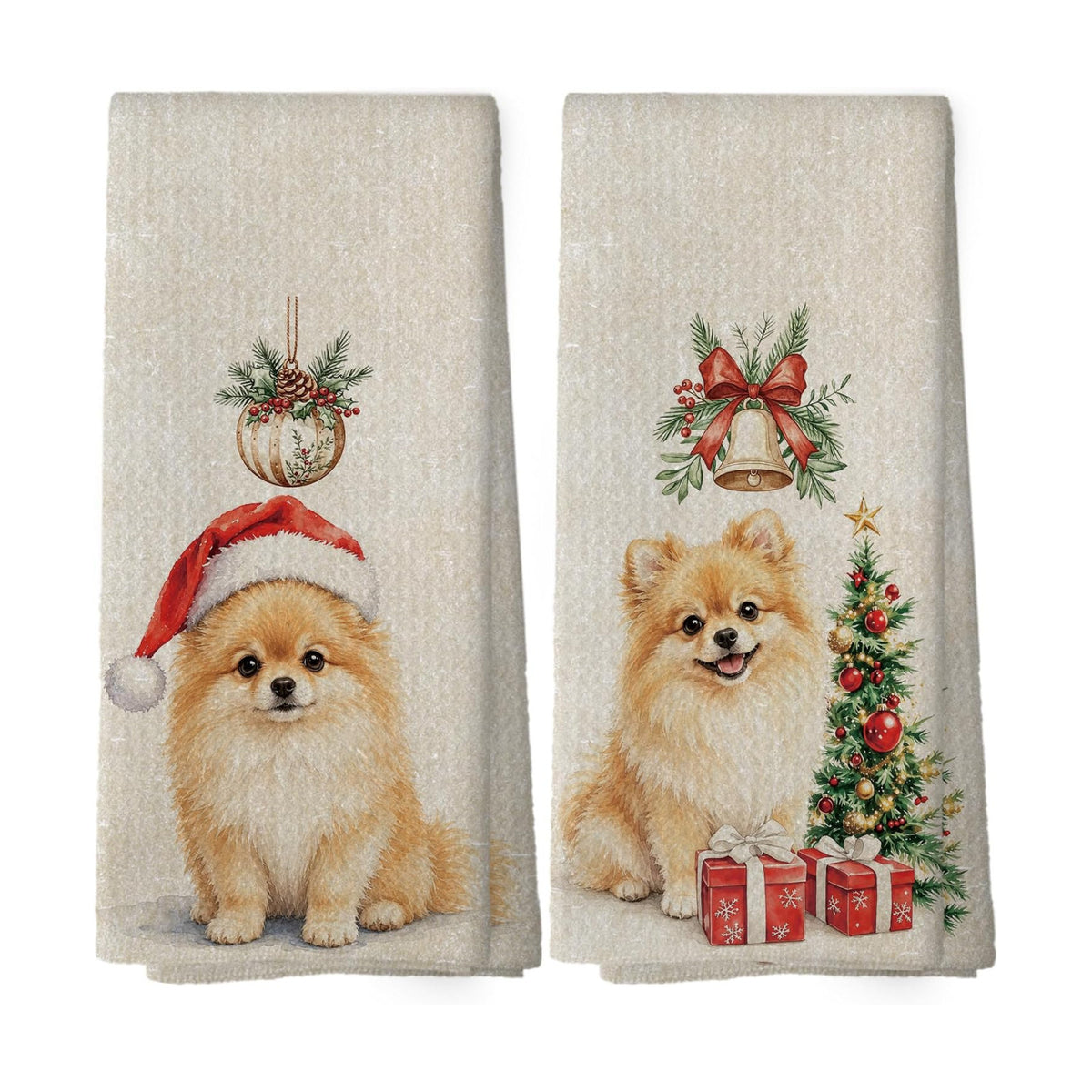 Pomeranian Christmas Tree Kitchen Dish Towels 16x24, Set of 2
