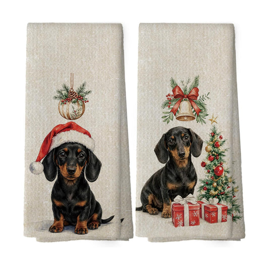 Black Dachshund Christmas Tree Kitchen Dish Towels 16x24, Set of 2