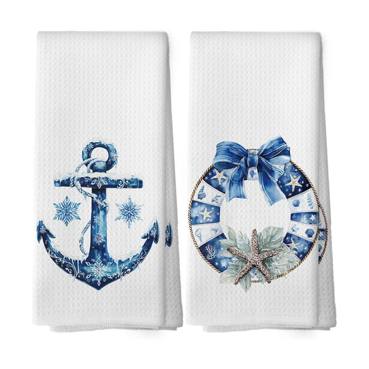 Navy Blue Nautical Coastal Christmas Kitchen Dish Towels 16x24,Set of 2
