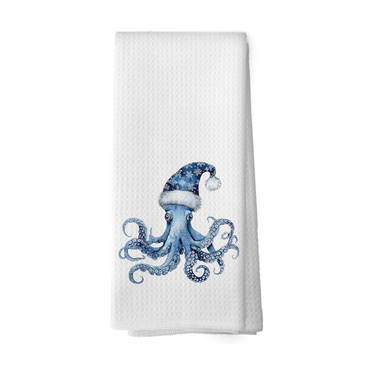 Blue Coastal Christmas Octopus Kitchen Dish Towels 16x24
