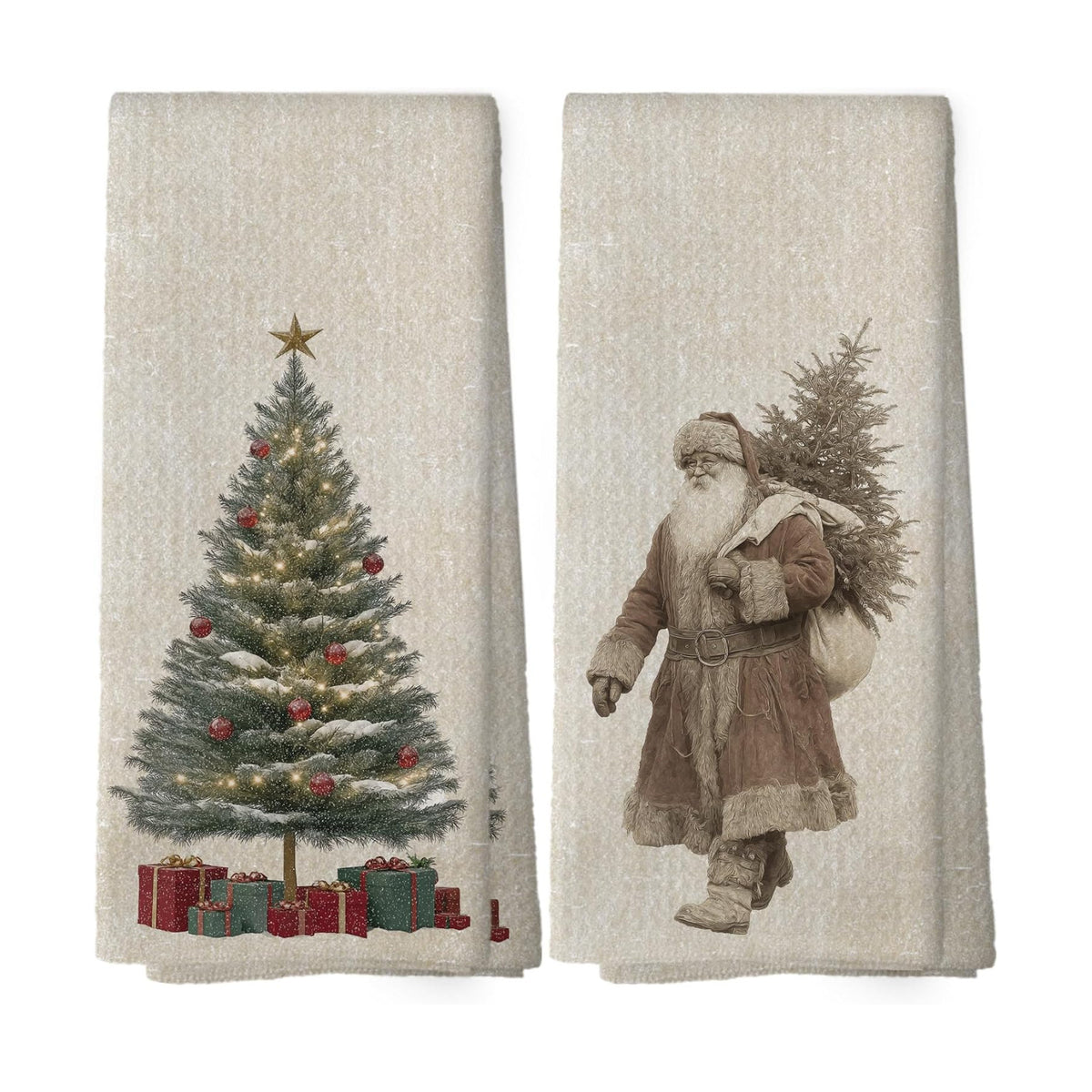 Vintage Christmas Tree Santa Kitchen Dish Towels 16x24, Set of 2