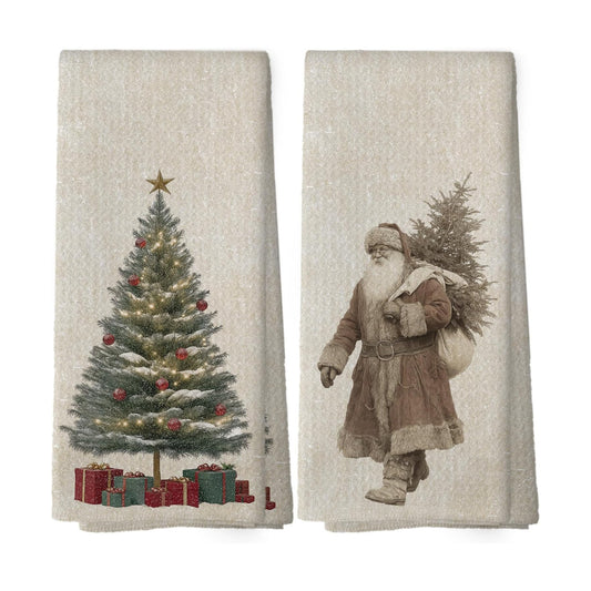 Vintage Christmas Tree Santa Kitchen Dish Towels 16x24, Set of 2