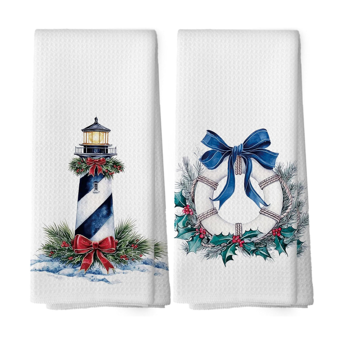Coastal Nautical Christmas Kitchen Dish Towels 16x24, Set of 2