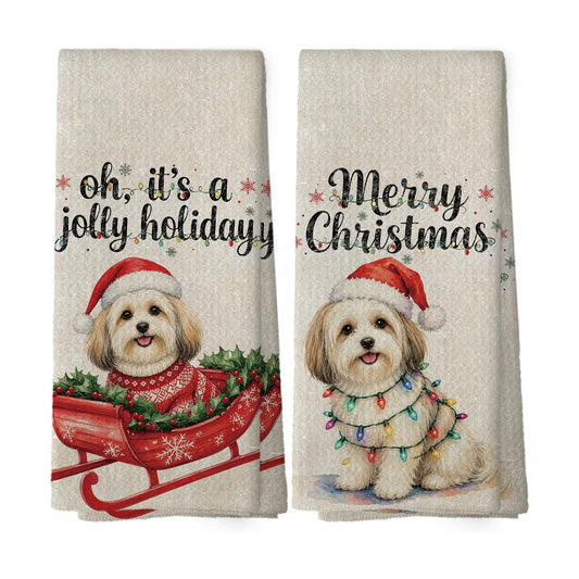 Christmas Maltese Terrier Kitchen Dish Towels 16x24, Set of 2
