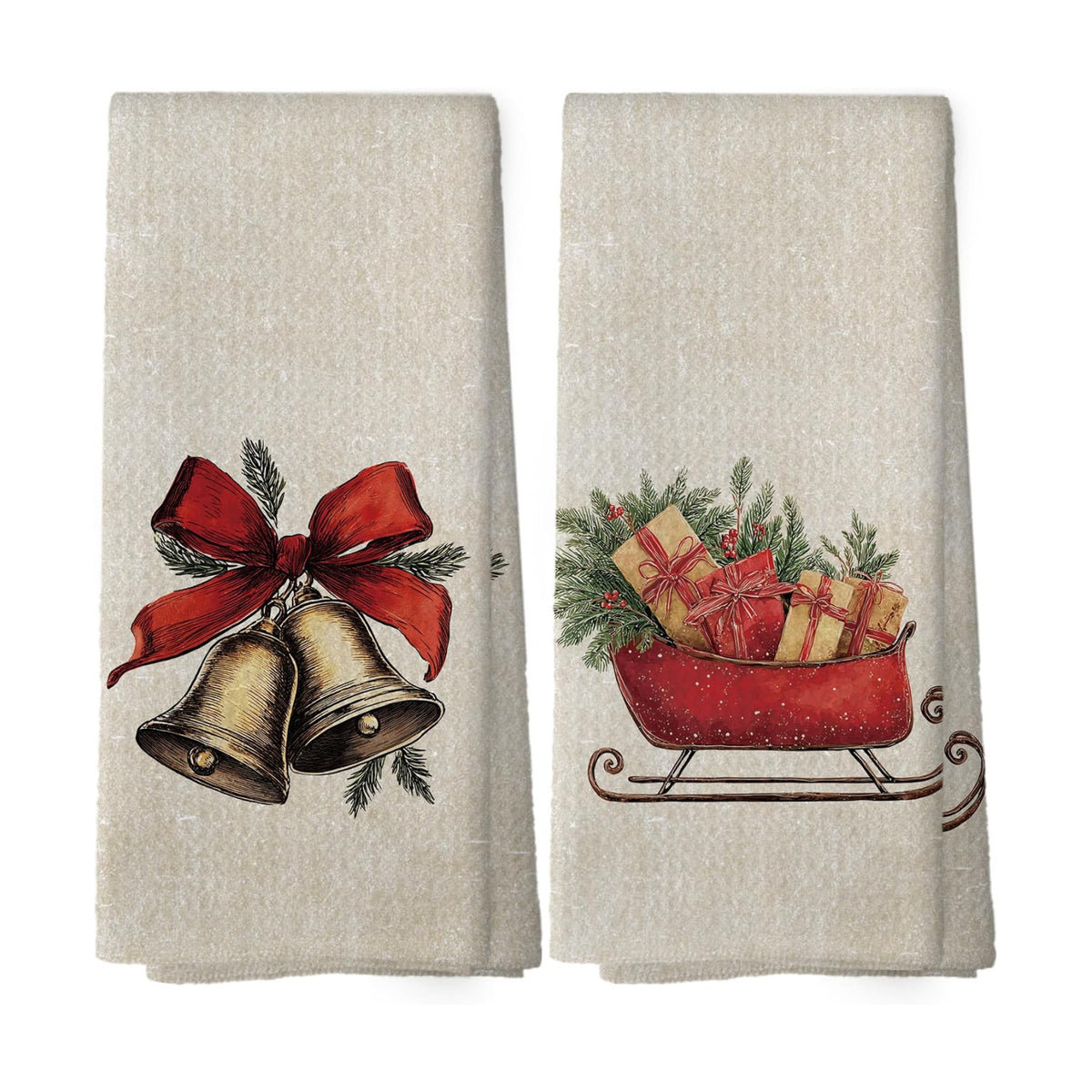 Coquette Red Bow Christmas Bell Kitchen Dish Towels 16x24, Set of 2