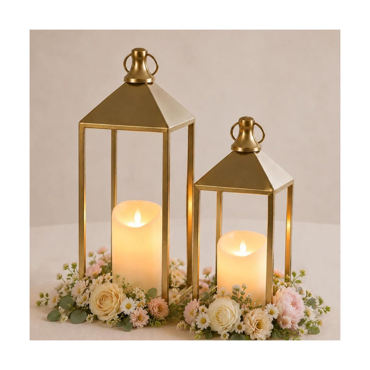 Decorative Candle Lanterns Indoor, 2 Pcs Gold Metal Lanterns with Candles