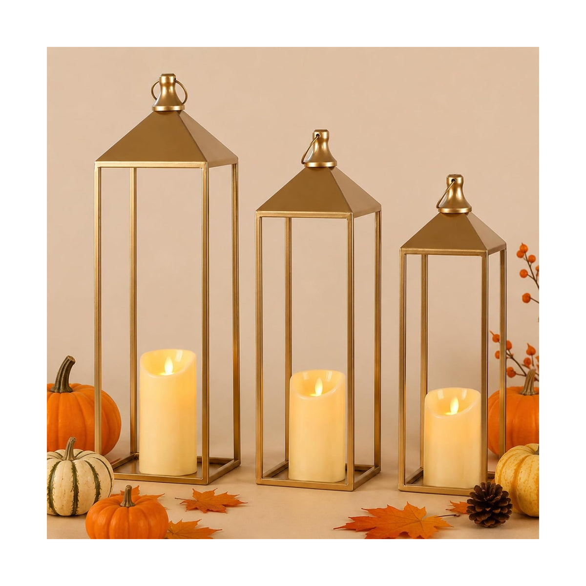 3 Pcs Large Gold Decorative Lanterns with Candles, Metal Candle Lantern | 22" 19" 17" Lanterns Decorative Outdoor