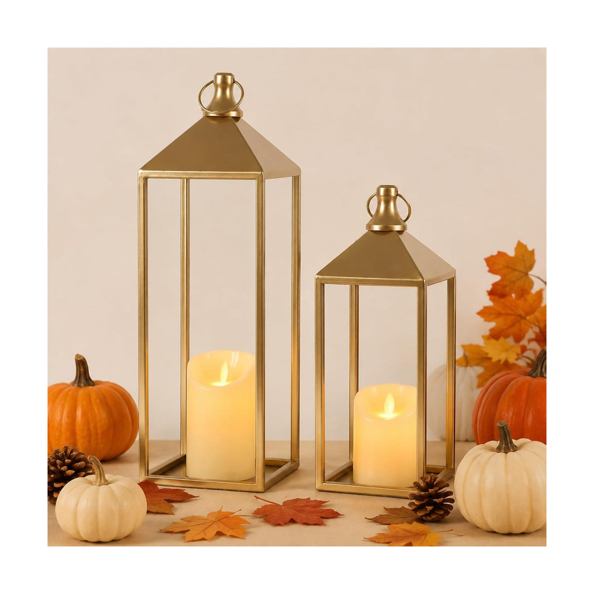 Set of 2 Decorative Lanterns with Candles, Gold Metal Lanterns Decor | 17" 13" Lanterns Decorative Indoor Outdoor for