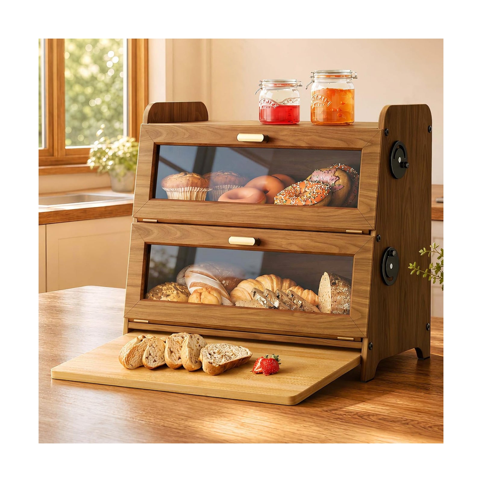SNTD 2 Tier Bread Box for Kitchen Countertop, Adjustable Ventilation, Brown | Bamboo Cutting Board, Airtight Design