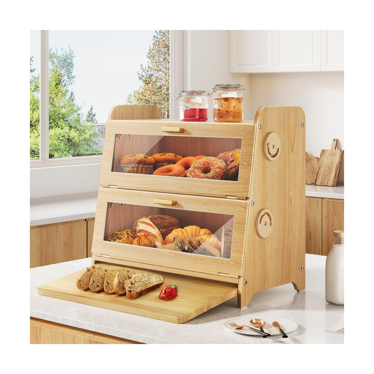 SNTD Bread Box for Kitchen Countertop, Adjustable Ventilation, Natural | Bamboo Cutting Board, Airtight Design