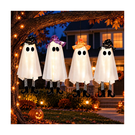 Halloween Decorations Outdoor Indoor,4 Pack Warm Light Up Hanging Ghosts Decorations with Legs,Witch Hat,3 Light Modes,DIY Arms,Halloween Decor for Porch Tree Yard Patio Window