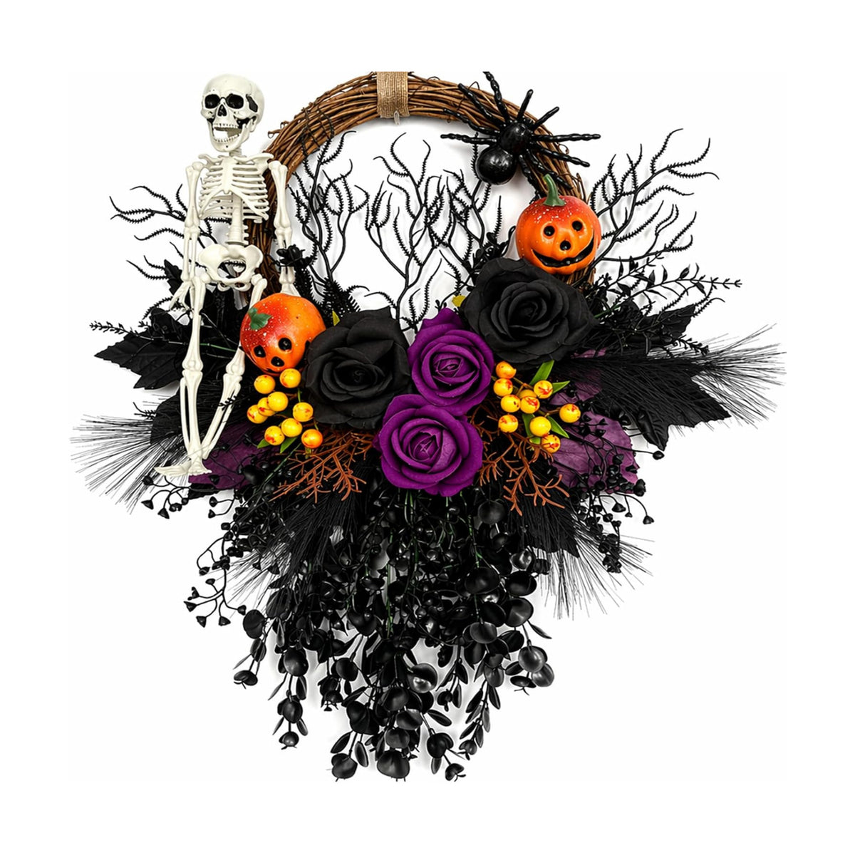 Halloween Wreath for Front Door 16" Dark Gothic Skull Spooky Decor