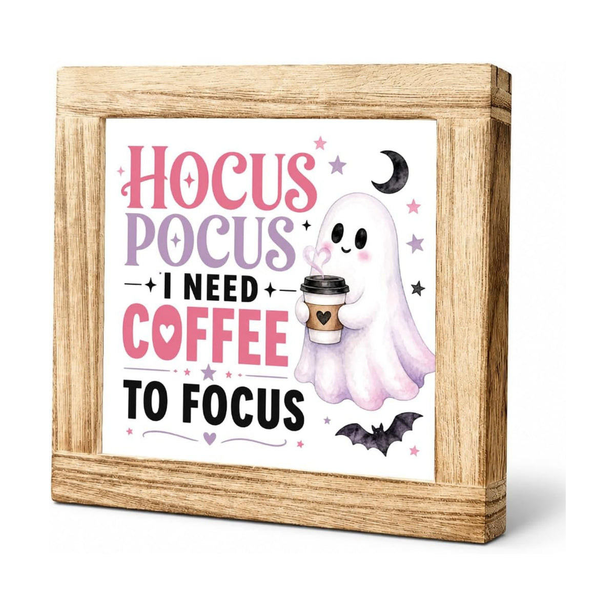 Halloween Wooden Sign, Coffee Ghost and Bat Tabletop Decor