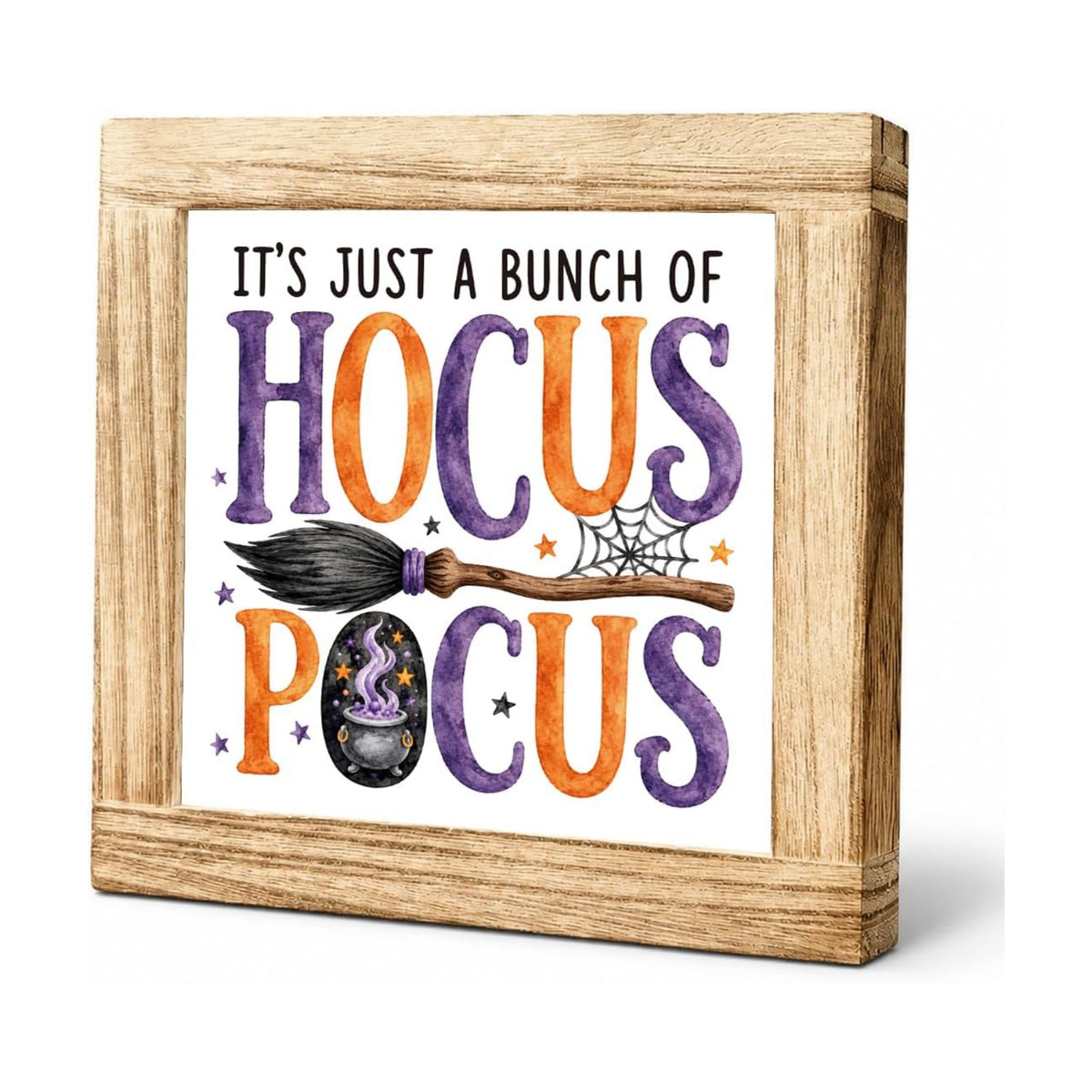 Halloween Wooden Sign, Witch Broom and Cauldron Tabletop Decor